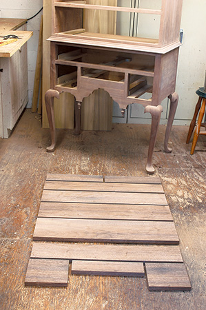 Laying out drawer parts for Queen Anne highboy