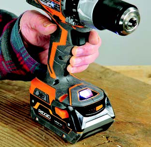A light touch on the long flat button on the RIDGID drill’s grip activates the two bright LED lights located in the base.