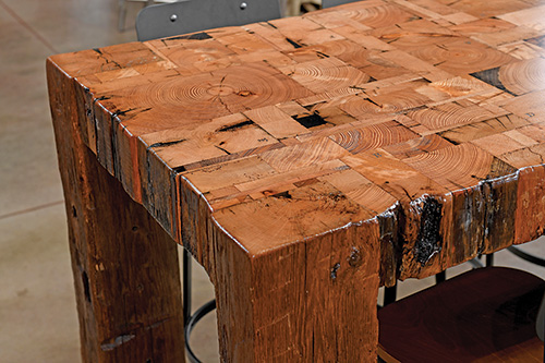 Close-up of the different end grain pieces on one side of table