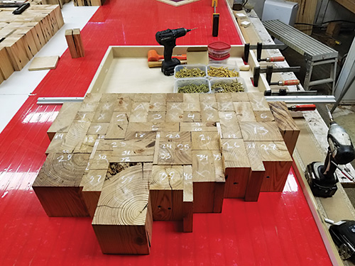 Laying out end grain pieces to be joined for table construction