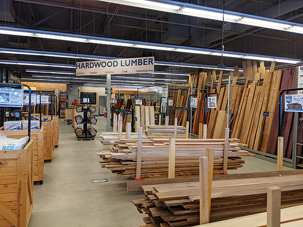 View of the variety of lumber available in a Rockler store