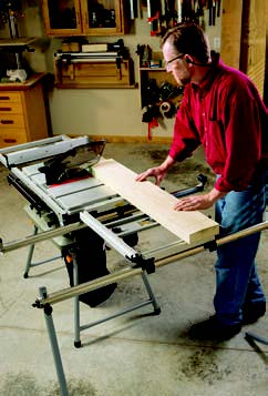 A sliding table accessory extends the saw’s mitering and crosscutting capabilities.