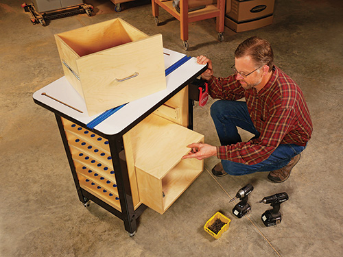 Completed router storage cabinet with removable drawers