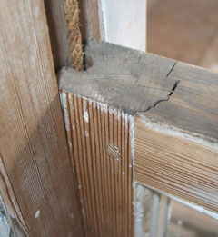 Scribed astragal and hollow sash joint cut 200 years ago by James Dinsmore, with tools borrowed from John Hemings, for President James Madison's home, Montpelier.