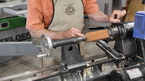 Chucking a cherry blank for a pepper mill on a lathe