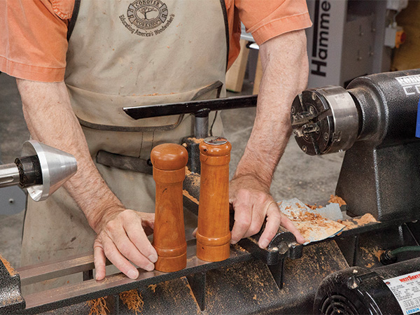 Turned salt shaker and pepper mill