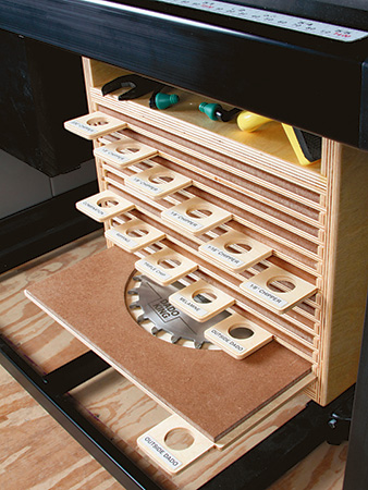 Saw blade organizer with blade labels applied