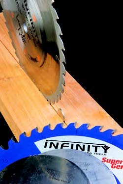 Thin-kerf blades produce a fraction of a regular blade’s dust. Infinity’s new Laser Thin Kerf features builtin blade stiffener plates.