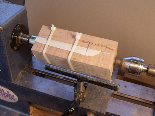 Blanks glued together and mounted on lathe