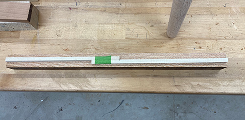 Using test stretcher to mark up blank for turning stool stretcher