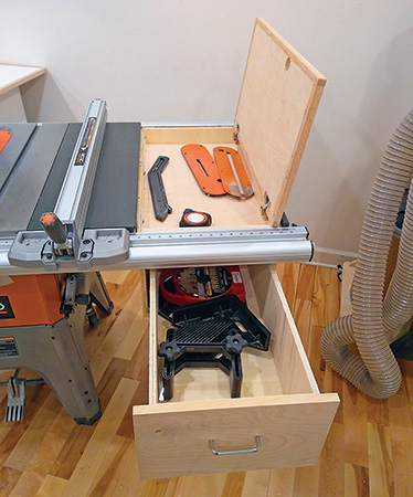 Table saw rip fence extension drawer and hidden compartment
