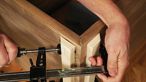 Making final clamping alignment on tambour cabinet corners