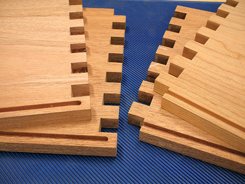 Side-by-side view of the box joinery on tansu drawers