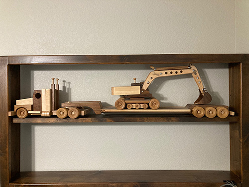 Wooden truck and backhoe models