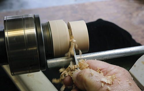 Cutting tenon in turned espresso tamper with parting tool