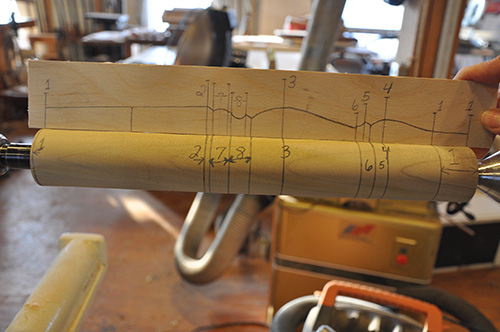 Turning pattern transferred from layout to workpiece