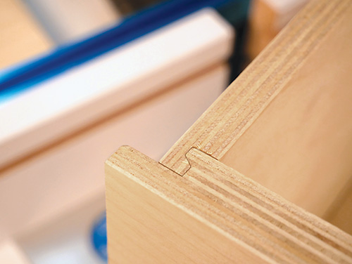 Close up of drawer face joinery on tool chest