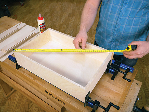 Clamping and measuring the squareness of assembled tool chest drawer