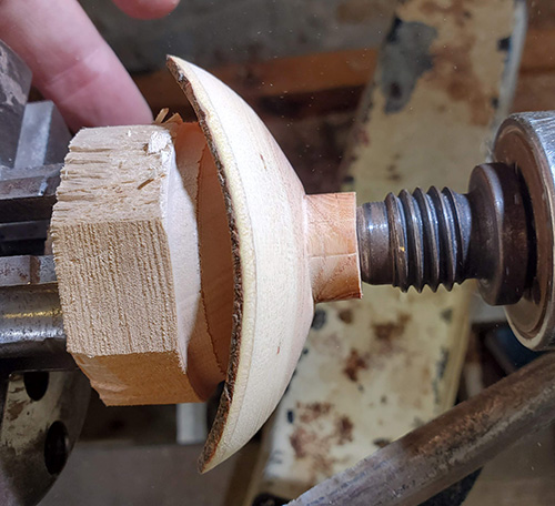 Mounting umbrella ornament top to chuck and lathe