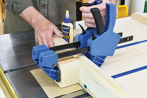 Gluing and clamping guard block onto crosscut sled