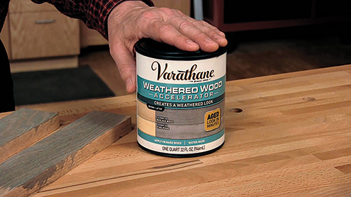 Can of Varathane weathered wood finish