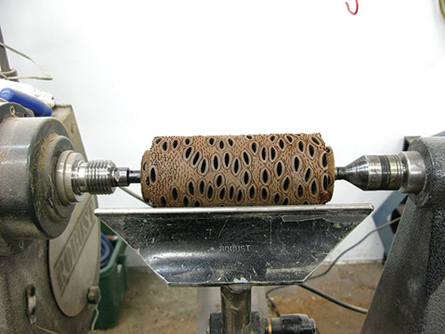 Banksia pod mounted between lathe chucks