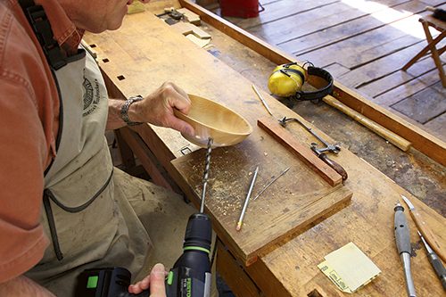 For the scroll cut’s terminal hole, drill carefully with a brad point from the outside until the point just pokes through.