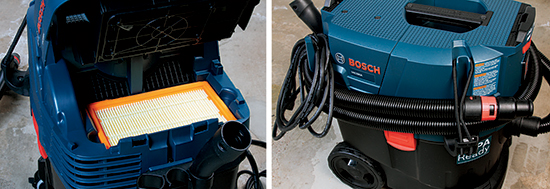 A filter access lid on the top of the Bosch VAC090A (left photo) makes cleaning and replacing the filter a snap. Bosch provides simple and effective bungee-style retainers (right photo) for hose storage and a loop for hanging the power cord.