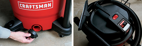 The Craftsman can hold 16 gallons, so a threaded plug on the bottom of the canister (left photo) makes draining liquid easier and more controlled than dumping the tank. Wire retainers on the Craftsman (right photo) provide simple, yet effective hose storage. The large power switch is well placed, and the flat top makes a good storage tray.