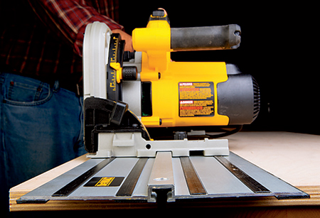 A centered channel and two rubber edges on DeWALT’s track allow the saw to cut on either side for added convenience.