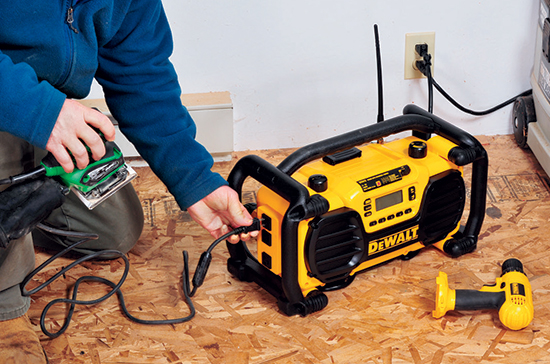 Along with the Bosch, the two DeWALT radio/chargers feature AC outlets on their sides, great for plugging in a worklight or small tool.