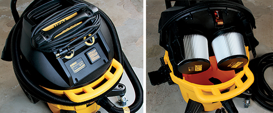 The DeWALT features many nice touches such as simple hose and cord storage (left photo), a telescoping handle and a stable dolly with non-marring wheels and casters. DeWALT’s twin HEPA filters (right photo) are low-profile to allow plenty of room for debris below them in the canister. These are permanent filters that can be cleaned many times.