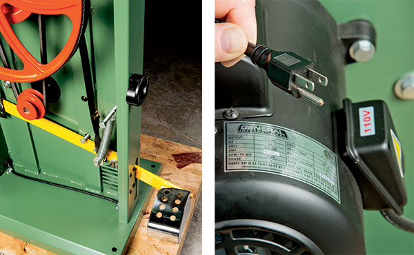 A foot brake (left), common on larger band saws, makes quick stops for safety possible on General’s 90-170B. No matter how modest your shop, if you have a 110-volt receptacle, you can run this saw, and all others featured here. Motors (right) are prewired for a standard outlet.