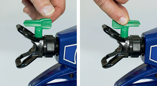 Turn the arrow on the fluid tip backwards, then spray to clean or unclog it before turning it back to fan spray position.