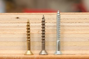 Promax 1 3/8" flathead wood screws (center in photo) are super handy for fastening plywood face to face. When countersunk, they provide maximum penetration without punching through the back face.