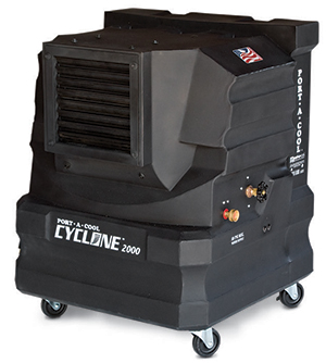 A portable evaporative cooler directs fan-blown air through water to cool it down rapidly.