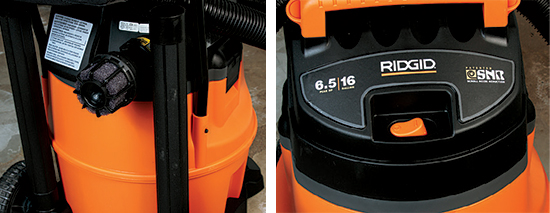 The RIDGID is relatively quiet considering its power. Some of that is attributable to the standard muffler that’s plugged into the outlet port (left photo). The RIDGID uses a thumb-actuated lever to lock its hose to the inlet port. It also features a well-designed rocker power switch, carrying handle and wraparound hose storage (right photo).