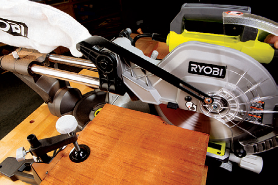 Wide 1x or 2x lumber can be crosscut in a single pass, thanks to a sliding saw’s moving carriage.