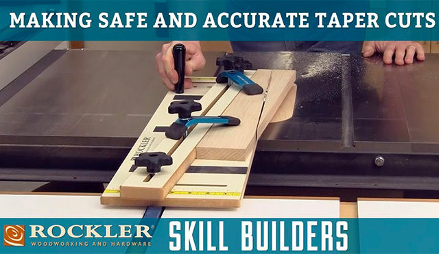 Using table saw jig to make safe taper cuts