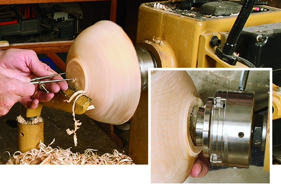 Below, the author prepares a dovetail-shaped mortise for mounting in the Nova chuck (inset below). of the scroll chucks on the market perform the tasks reasonably well.