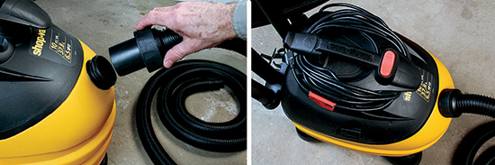 The Shop Vac 5873410 uses a screw connector for attaching the swivel end of the hose (left photo). Its 12’ hose provides exceptional reach for cleaning without having to move the vacuum. The Shop Vac’s jellybean shape makes it easy to maneuver and carry. It also features a convenient top-mounted cord wrap and large rocker-style power switch (right photo).