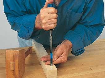 Position the chisel with two hands, as shown above. Then tap firmly with the mallet to set the edge of the chisel.