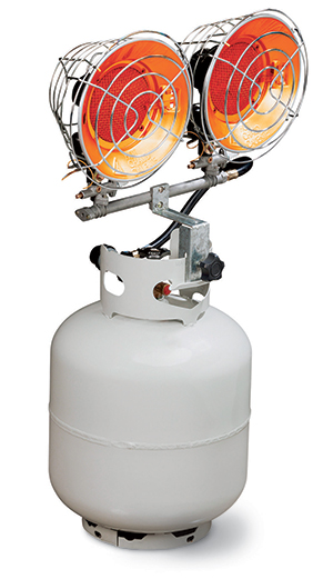 A tank-top style portable gas heater mounts atop a small propane cylinder.